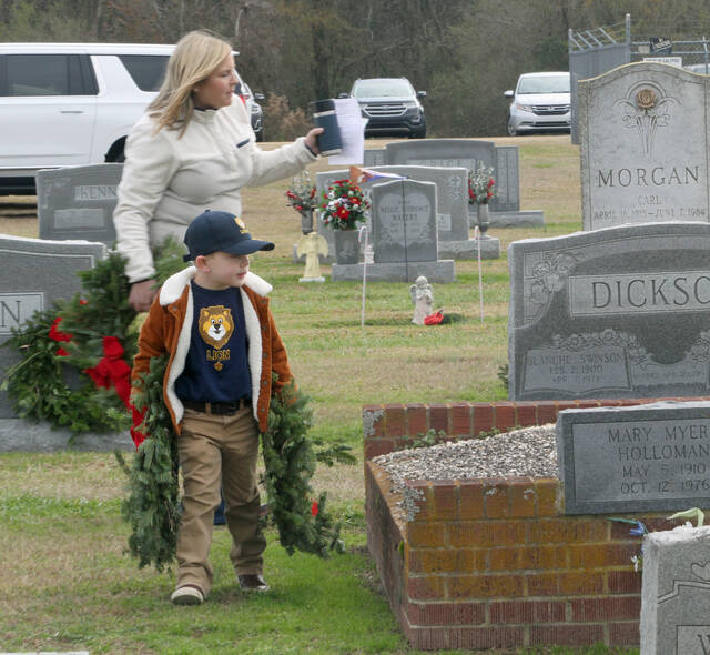 129192524_web1_Wreaths-1
Tuck Kilpatrick and his mom Melissa Kilpatrick look for the graves of veterans in Calypsos Maplewood Cemetery on which to place fresh evergreen wreaths during the towns Wreaths Across America ceremony Saturday morning, Dec. 17. The Kilpatricks do not have any relatives buried in the cemetery. Tuck and his fellow Cub Scouts in Calypso Cub Scout Pack 42 assisted with the ceremony that was attended by about 100 people (Steve Herring|mountolivetribune.com)