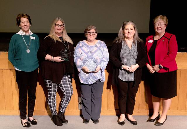 129320215_web1_WCC-EoY-Winners
Wayne Community Colleges 2022 Employee of the Year Award winners, flanked by Foundation of WCC Executive Director Adrienne Northington and President Patty Pfeiffer, are Housekeeping Supervisor Tammy Holland - Operations and Maintenance category, Dental Instructor Rhonda Price – Adjunct Faculty category, and eLearning Specialist Julie Marciel-Rozzi - Professional category. Administrative Assistant Beth Street (not pictured) is the recipient of the award in the Professional Support Staff category.