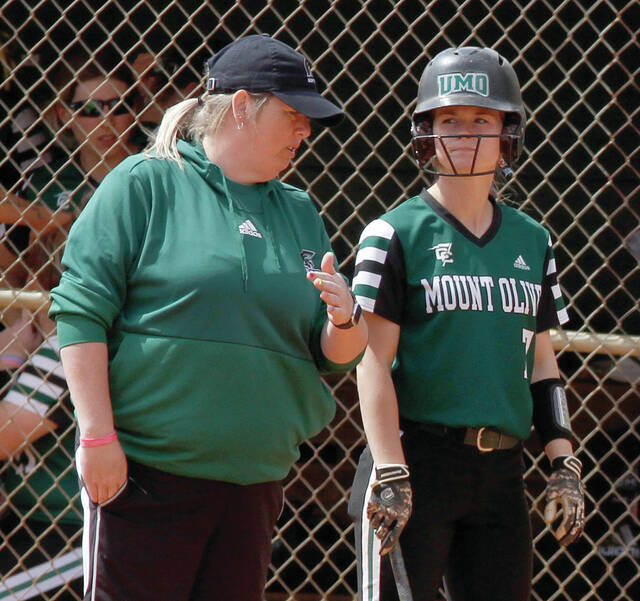 129327799_web1__MG_0179
University of Mount Olive head softball coach Mandy Sansbury, left, talks with graduate student Megan Bryant during a game last season. Minus Bryant and two others, Sansbury returns seven starters from last years team that won 39 games, but endured a disappointing ending in the 2022 Conference Carolinas tournament. (Rudy Coggins|mountolivetribune.com)