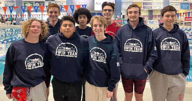 129332224_web1_SWswimmers
The Southern Wayne boys swim team concluded its season with solid performances during the 2023 NC High School Athletic Association eastern 3A regionals contested at the Cary Aquatic Center on Saturday. Front row, from left, Drew Bryan, Carlos Alvarez, Daniel Weeks, Dylan Daniels and Matthew Blizzard. Back row, from left, Thomas Weaver, Jonah Reyes and Evan Williams. (Photo submitted)