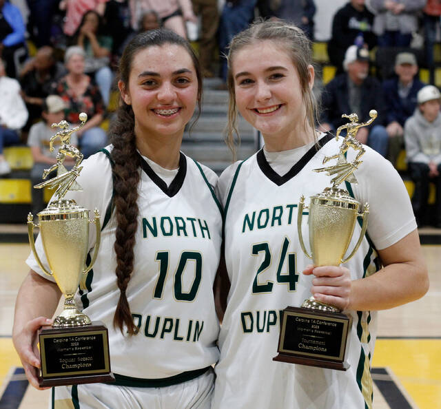 129374597_web1_Carolina15
North Duplin seniors Adaisha Bernal, left, and Kasey Jones, right, hold the Carolina 1A regular-season and tournament championship trophies. The Rebels defeated Union, 55-43, in Newton Grove on Friday evening. (Rudy Coggins|mountolivetribune.com)