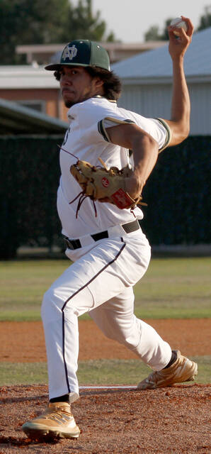 129402688_web1_RebelsBB1
North Duplin senior right-hander Erik Rosas tossed two shutout innings and logged six shutouts during a season-opening, no-hit victory over Lejeune on Monday afternoon. Rosas has committed to the University of Mount Olive. (Rudy Coggins|mountolivetribune.com)