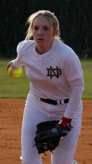 129432835_web1_NDuplinSB1
North Duplin freshman right-hander Lilly Fulghum threw a complete-game, five-hitter against South Lenoir on Wednesday evening. (Rudy Coggins|mountolivetribune.com)