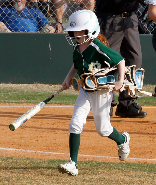 129522311_web1_NDED4
Batgirl Charlotte Nielsen hustles back to the North Duplin dugout with a bat and catchers gear in tow Wednesday evening. (Rudy Coggins|mountolivetribune.com)