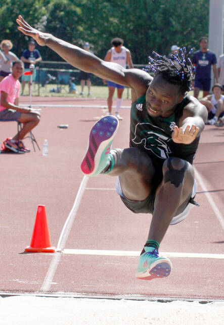 129552015_web1_DemonteLavender
University of Mount Olives Demonte Lavender competes in the long jump during the 2023 Trojan Relays held on the University of Mount Olive campus. (Rudy Coggins|mountolivetribune.com)
