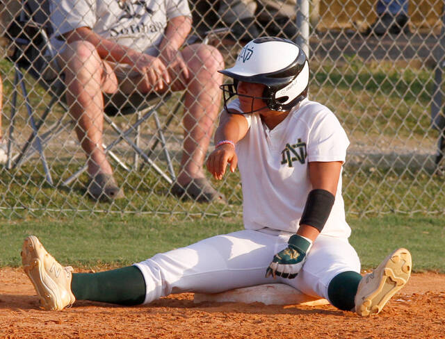 129666288_web1_NDSBPlayoffs
North Duplin outfielder Mchelle Jaco sits on third base during a timeout against Martin Riverside in round three of the N.C. High School Athletic Association Class 1A softball playoffs. The Rebels (21-2 overall) are in the east finals for the first time since 2016 and fourth time overall in program history. In 1989, North Duplin was state runner-up to Murphy in the NCHSAA Class 1A slow-pitch state finals.