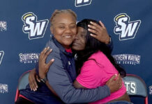 
			
				                                Southern Wayne senior Ta’Niyah Glaspie, right, gets a hug from track coach Takisha Vann after she signed a national letter of- ntent to run indoor/outdoor track at UNC Pembroke next season. Glaspie was named the Saints’ Female Athlete of the Year. (Rudy Coggins|mountolivetribune.com)
 
			
		