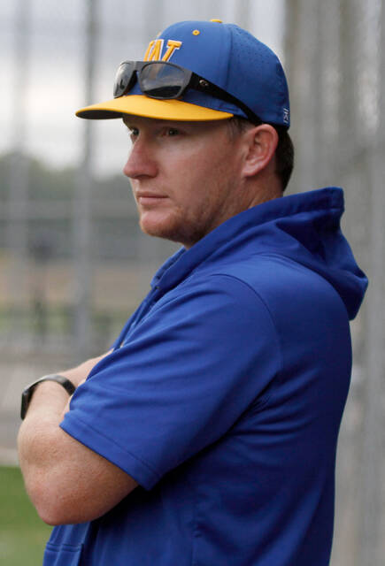 129699362_web1_AdamPate2
Wayne County Post 11 head coach Adam Pate watches his team from the dugout during a recent game. The former Post 11 player collected his 100th win Thursday evening a 5-3 victory over Louisburg Post 105. (Rudy Coggins|mountolivetribune.com)