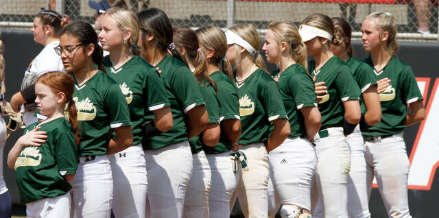 129710023_web1_RebelSoftball
North Duplins softball team stands on the third-base line during the National Anthem before last Saturdays game against Union Academy Charter School in the N.C. High School Athletic Association Class 1A softball state championship series. The Rebels had six sports represented in postseason play during the spring. (Rudy Coggins|mountolivetribune.com)