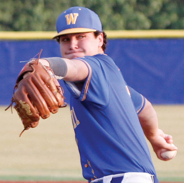 129856580_web1_WCPenny
Wayne County Post 11 right-hander Will Pennington started on the mound and earned a no-decision against Wilmington Post 10 on Thursday afternoon. Pennington threw five-plus innings for Wayne County, which prevailed 9-7 in comeback fashion their elimination game at the 2023 NC Senior American Legion state baseball tournament in Buies Creek. (Rudy Coggins|mountolivetribune.com)