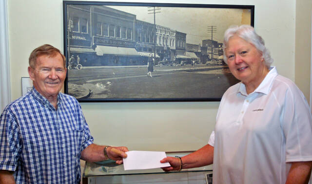 129869630_web1_Do-Good-1
Joy Hatch, right, presents a $1,250 Do-Good Grant from CampusWorks, to Ken Dilda, director of the David John Aaron Teaching and History Museum. The grant will mostly be used for the Mount Olive Area Historical Societys work on the Kraft Collection. Hatch, the daughter of Rex and Faye Hatch of Mount Olive, applied for the grant through CampusWorks, where she is higher education/technology senior executive. On the wall behind them is a photo of downtown Mount Olive taken in 1939 that is part of the collection. (Steve Herring|mountolivetribune.com)