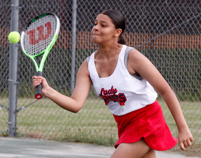 130014576_web1_Cara
Southern Waynes Cara King returns a shot during her No. 6 singles match against South johnstons Mackenzie Murphy Tuesday afternoon. (Rudy Coggins|mountolivetribune.com)