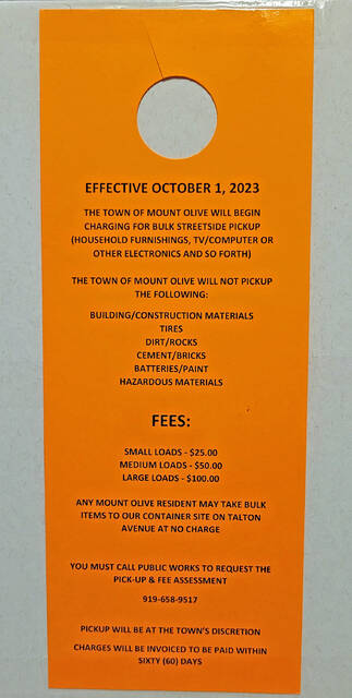 130025864_web1_Bulk
This is a copy of the door hanger that will be left at homes where bulk trash has been placed curbside for pickup by town crews. The town is now charging a pickup fee depending on the size of the load. (Steve Herring|mountolivetribune.com)