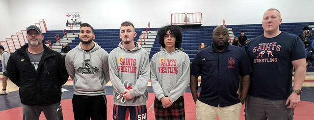 130291774_web1_SWwrestling1
Southern Wayne celebrated senior night with a doubleheader non-conference sweep of North Lenoir and cross-county rival Eastern Wayne. From left are assistant coach Brandon Proctor, assistant coach Brian McCorkle, senior Gabriel Carmack, senior Oswaldo Quiroz, head coach Tori King and assistant coach Don DeGarmo. (Rudy Coggins|mountolivetribune.com)