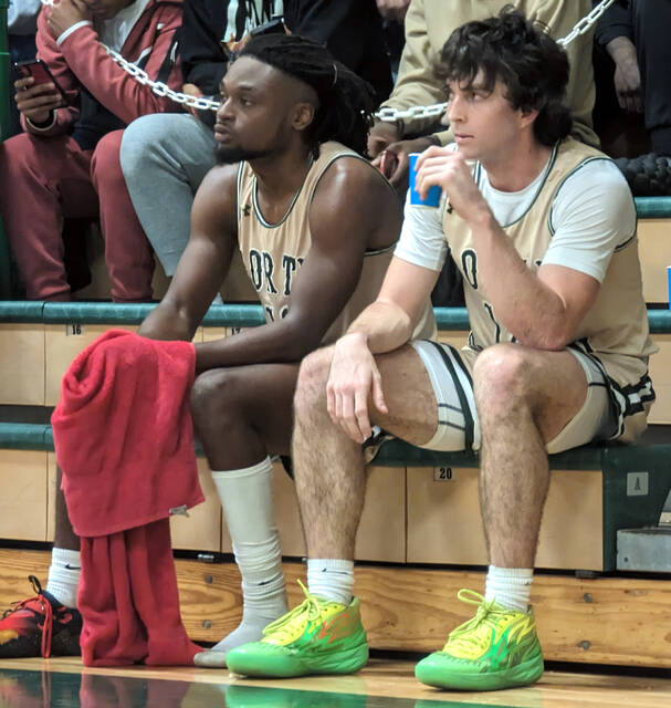 130314545_web1_DuJuanDylan
North Duplin teammates DuJuan Arwmood, left, and Dylan Tyndall, right, watch action from the bench during a recent game. Armwood and Tyndall combined for 19 points in the Rebels road win at Carolina 1A foe Lakewood Friday evening. (Rudy Coggins|mountolivetribune.com)