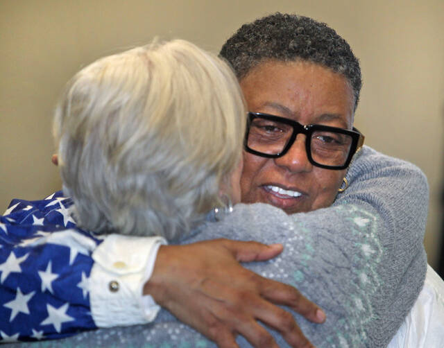 130424699_web1_Sam-hug
Sam Jones, right, hugs a friend who attended her Thursday night, Feb. 29, presentation at Steele Memorial Library. Jones, a three-time Olympian in team handball and two-time All-American in basketball, talked about A Day in the Life of an Olympic Athlete, sponsored by the Mount Olive Area Historical Society in observance of Black History Month. (Steve Herring|mountolivetribune.com)
