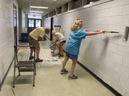 
			
				                                From left, Bill May, Carlette Bledsoe, and Donna Grubbs work on applying a fresh coat of paint to the hallway walls in the main building at James Kenan High School. From August 3-10, members of Kenansville Baptist Church, with assistance from other churches, are sprucing up the school as part of the N.C. Baptist State Convention’s ServeNC week. (Kathy Grant Westbrook|mountolivetribune.com)
 
			
		