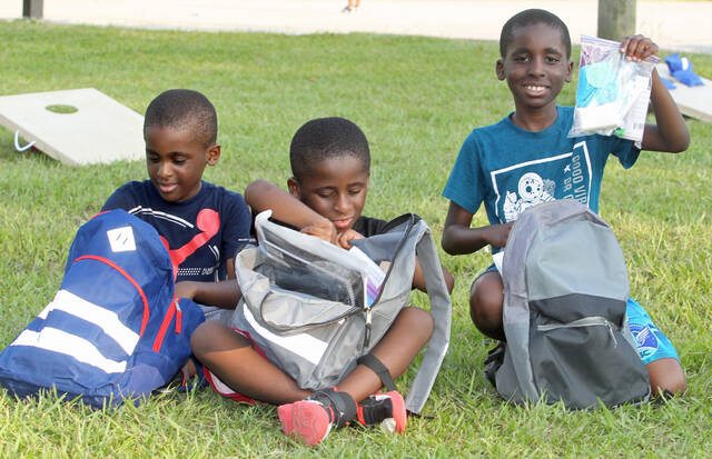 130843281_web1_BB-Brothers
Brothers Jared, Jalny and Gretzky Obas check out the contents of the new book bags they received Saturday, Aug. 17, during the 14th annual Back-to-School Celebration and Free Book Bag Giveaway sponsored by the Men of Faith, Integrity and Character. (Steve Herring|mountolivetribune.com)