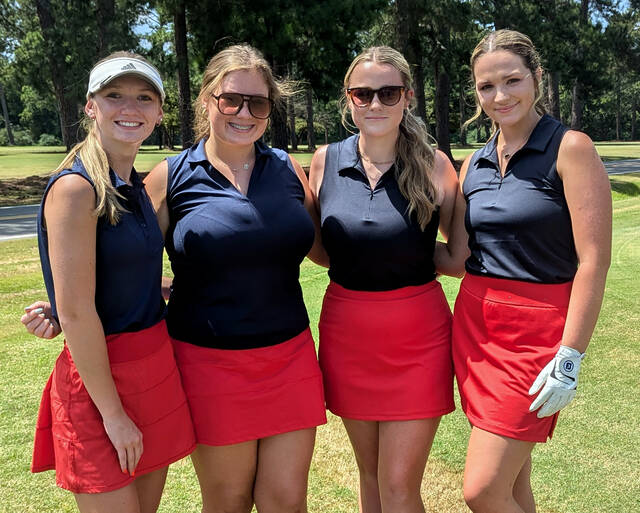 130864417_web1_SWgolf
Southern Wayne launched its Quad County 3A Conference girls golf campaign Monday afternoon with a fourth-place team finish on its home course, Southern Wayne Country Club. From left are Regan Stribble, Chloe Sullivan, Kenzi Aycock and Avery Jennette. (Rudy Coggins|mountolivetribune.com)