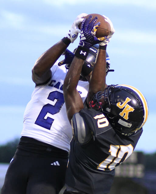 130911426_web1_JKEBladenFB
East Bladens Keyshawn Kemp (2) breaks up a pass intended for James Kenans Tyquise Wilson during first-quarter action Friday evening in Warsaw. (Rudy Coggins|mountolivetribune.com)