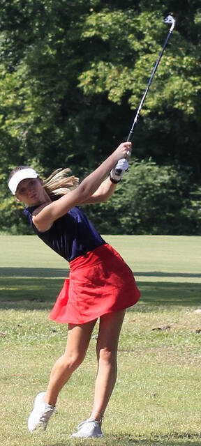 131037987_web1_ReganStribble2
Southern Wayne junior Regan Stribble watches a shot from the fairway during a regular-season match. The junior made her first-ever trip to the NC High School Athletic Association 3A golf championships. (Rudy Coggins|mountolivetribune.com)