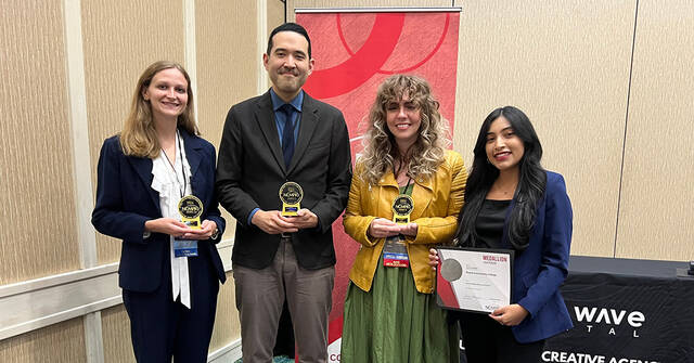 131073406_web1_WCCCommunications
The Medallion Awards were presented during the NCMPR District 2 conference held in October in Lexington, Kentucky. WCC Public Information Officer Meredith Futrelle, Office of Communications Director Ken Jones, Creative Services Coordinator Jessica Meadows, and Marketing and Communications Coordinator Bilma Iniguez (pictured from left to right) attended the conference and accepted the awards. (WCC photo)