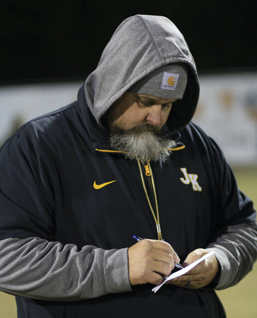 131127005_web1_GradyTigersFB
James Kenan head coach Tim Grady makes some notes during pre-game warm-ups. The Tigers dropped a season-ending, 46-28 loss to unbeaten Elizabeth City Northeastern on Friday evening. (Rudy Coggins|mountolivetribune.com)