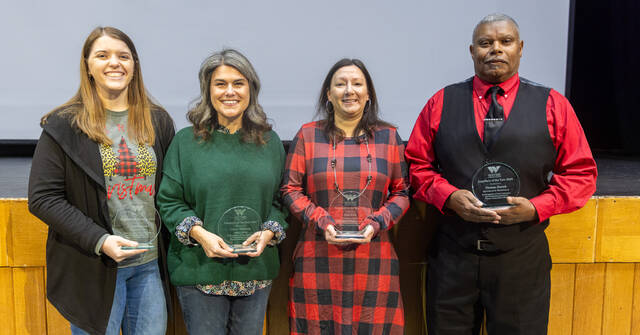 131147959_web1_EOY-2024-social
WCCs 2024 Employees of the Year, pictured from left to right, are Director of College Transfer Advising Center Peyton Dawson, Adjunct Dental Hygiene Instructor Carrie Wildman, Cooperative High School Programs Specialist Lisa Rich, and Lead Housekeeper Thomas Dortch. (Courtesy photo)