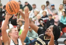 
			
				                                Lilly Fulghum takes a hard foul on the way to the hoop.
                                 Brandt Young|Sampson Independent

			
		