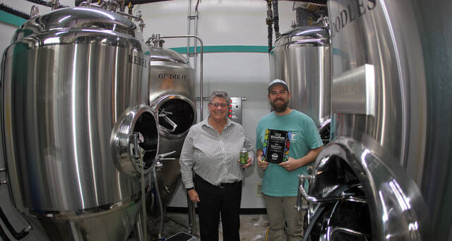 131385854_web1_Tanks
N.C. Pickle Festival Co-chair Julie Beck presents the N.C. Association of Festivals and Events Best Merchandise Award to Ryan Roberts, owner of R&R Brewing, for his canned pickle soda. The soda also won the Southeast Festivals and Events Best Merchandise Award. (Steve Herring|mountolivetribune.com)