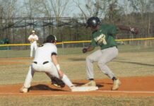 
			
				                                No. 6 Trip Phipps attempting to get opponents out with a slick pass from pitcher. (Robert Taylor|mountolivetribune.com)
 
			
		