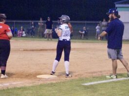 
			
				                                Kinzely Sloan, (#11), pauses at third base during softball action against North Johnston Thursday. (Robert P. Taylor|Mountolivetribune.com)
 
			
		