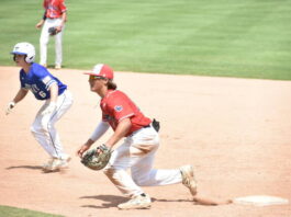 
			
				                                Austin Watson tracks down a Midway runner who grabbed a big lead off first base.
                                 Brandt Young|Sampson Independent

			
		