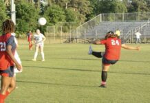 
			
				                                Southern Wayne defender Aracely Perez-Barrera clears the ball from midfield. (Robert Taylor|mountolivetribune.com)
 
			
		