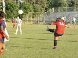 
			
				                                Southern Wayne defender Aracely Perez-Barrera clears the ball from midfield. (Robert Taylor|mountolivetribune.com)
 
			
		