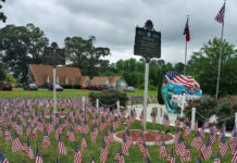 
			
				                                Hundreds of U.S. flags cover the area in front of Dudley Christian Church’s Veterans Rock for last year’s Armed Forces Day observance at the church, 212 O’Berry Rd., Dudley. The public is invited to the church fellowship hall on Saturday, May 10, for an 8 a.m. breakfast and then to help place the flags for this year’s observance that will be held at 11 a.m. Sunday, May 18, at the church. The public is invited to that event as well. (Photo courtesy Dudley Christian Church)
 
			
		