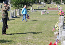 
			
				                                Vietnam veteran Robert Van Wormer salutes the flag he had just placed at the grave of a fellow Vietnam veteran Saturday morning at Oakview (Maplewood) Cemetery. Volunteers were busy placing flags on the graves of veterans ahead of Sunday’s annual Memorial Day observance and Memorial Day on Monday. In the background is his wife Sandra. (Steve Herring|mountolivetribune.com)
 
			
		