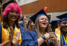 
			
				                                Samantha Macklin, Payton Lowery, and Amilcar Lopez Escalante celebrate during one of WCC’s spring graduation ceremonies. (WCC photo)
 
			
		