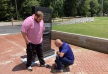 
			
				                                Faison Improvement Group President Andrew Taylor, left, and Faison Executive Administrator Jimmy Tyndall demonstrate removing one of the plain bricks surrounding the William Thornton monument and replacing it with a new, engraved brick. Personalized bricks are available for a $100 or $125 tax-deductible donation. For more information, go to FIG’s Facebook page or contact Jimmy Tyndall at jtyndall@faisonnc.org. (Kathy Grant Westbrook|mountolivetribune.com)
 
			
		