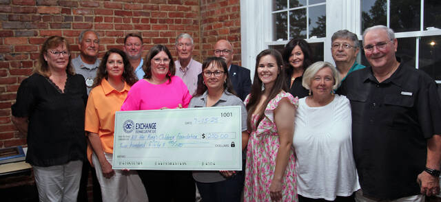 131653077_web1_All-the-King-s-Children
The Mount Olive Exchange presented a $250 donation to All the Kings Children Tuesday night, July 15, during its annual officers installation social at Ribeyes Steakhouse. Front row, left to right, are All the Kings Children board members Michelle Holland and Robin Smith (vice chair); founder Marcia Whitley; and club members Belinda Parent, Brittany Parent and Hazel and Steve Wiggins. Back row, left to right, are club members Dwayne McKay, James Kornegay, Gary Barefoot, Bryant Gibson, Susan Price and Lynwood Herring. (Steve Herring|mountolivetribune.com)