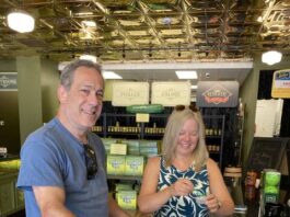 
			
				                                During their first visit to Mount Olive, Wilmington residents Reed Slatas, left, and Doran Rozen sample Mt. Olive Pickle Co. products in the company’s new downtown Pickle Parlor. Their verdict? ‘Delicious!’ and ‘Crisp and fresh!’ (Kathy Grant Westbrook|mountolivetribune.com)
 
			
		