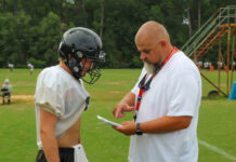 
			
				                                James Kenan Head Coach Tim Grady going over playbook drills with quarterback Eli Avent. (Kareem Brown/mountolivetribune.com photo)
 
			
		