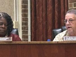 
			
				                                Interim Mount Olive Town Manager Glenn Holland, right, gives his report to the board while District 1 Commissioner Vicky Darden listens. (Georgia Martin Dees|mountolivetribune.com)
 
			
		