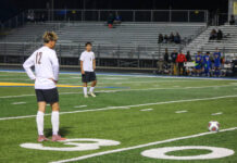 
			
				                                James Kenan’s No. 12 Gustavo Escobar takes a shot on goal following a foul. (Kareem Brown|mountolivetribune.com)
 
			
		