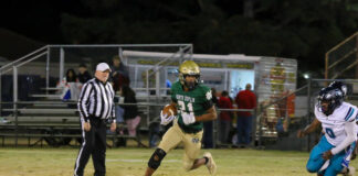 
			
				                                North Duplin’s Carell Phillips explodes downfield with a huge run slicing through the Seahawks’ defense. (Kareem Brown|mountolivetribune.com)
 
			
		