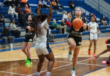 North Duplin Lady Rebels secure fifth place at FCA Winter Tournament
North Duplins No. 3 Abby Rose, drives to the basket for a layup through Warriors defenders.