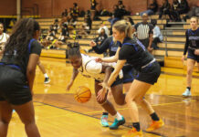 
			
				                                James Kenans No. 32 Aleyah Wilson, trying to get possession of the ball to layup the ball against the tough Lady Raiders defense.
 
			
		