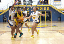 
			
				                                James Kenans No. 32 Aleyah Wilson attacks the basket through Cougar defenders for a tough contested layup.
 
			
		