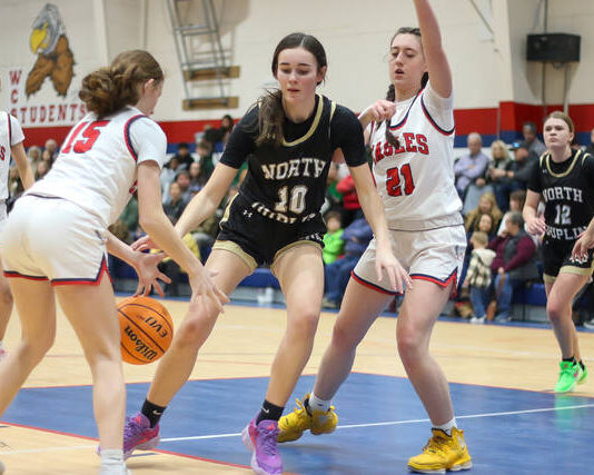Rebels hold strong in recent wins over Wayne Christian
North Duplins No. 10 Maggie Brown fighting to keep possession of the ball with heavy defense by the Eagles.