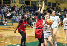 
			
				                                North Duplins No. 3 Abby Rose drives through Lady Spartans defenders and sinks a layup. (Kareem Brown|mountolivetribune.com)
 
			
		